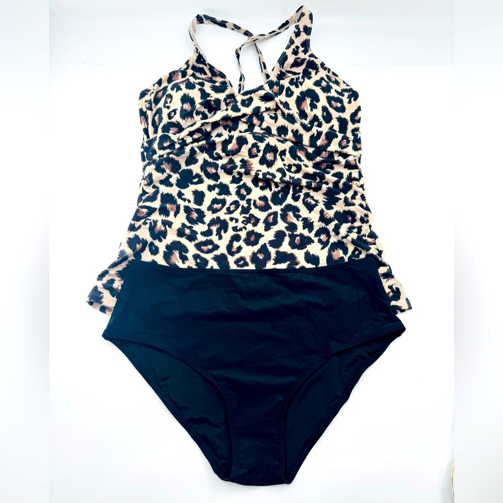Yonique 2pc Tankini Swimsuit Leopard Print Size L to XXL (SEE MEASUREMENTS) NEW